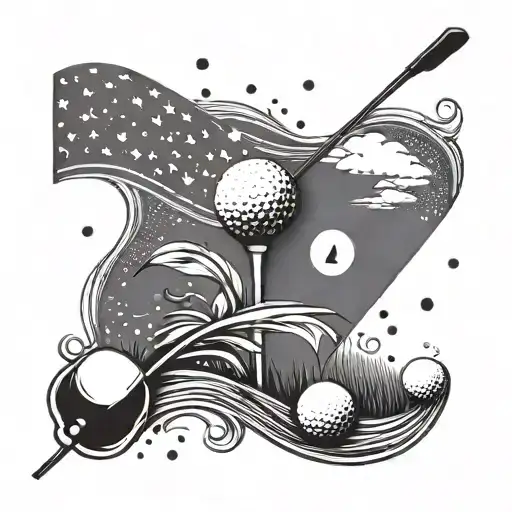 A golf flag waving in the wind, with destiny symbols trailing behind tattoo design idea