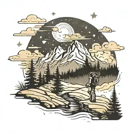 mountain scenery with fog in between the mountains and a female hiker on a trail walking in the mountains stars in Sky tattoo design idea