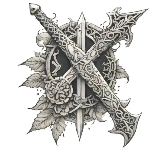 sword excalibur from handle to half and leaves from below tattoo design idea