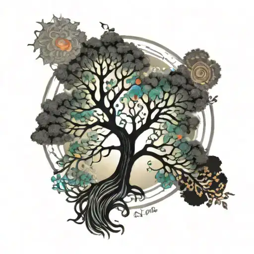 A tree of life tattoo with psychedelic patterns and colors, symbolizing the interconnectedness of all beings tattoo design idea