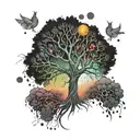 A tree of life tattoo with psychedelic patterns and colors, symbolizing the interconnectedness of all beings tattoo design idea