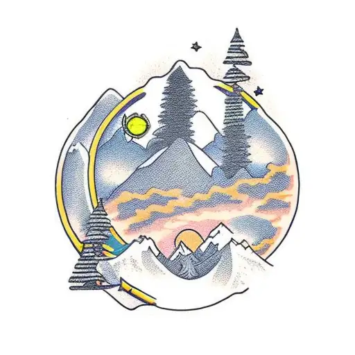 snowboard montains pine tattoo design idea