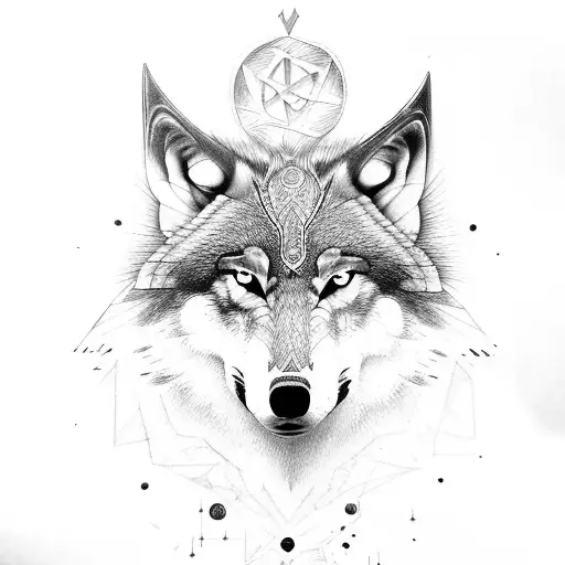 wolf profile, runes, ax, tranquility tattoo design idea