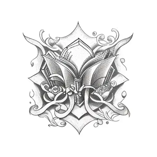 A tattoo of a vintage book with intricate details and flying pages, symbolizing the client's passion for literature and storytelling tattoo design idea