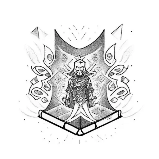 A tattoo of fantasy warrior-bard emerging from a book. Surrounded by softwre symbols and geometric shapes tattoo design idea