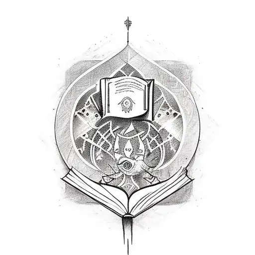 A tattoo of fantasy warrior-bard emerging from a book. Surrounded by softwre symbols and geometric shapes tattoo design idea