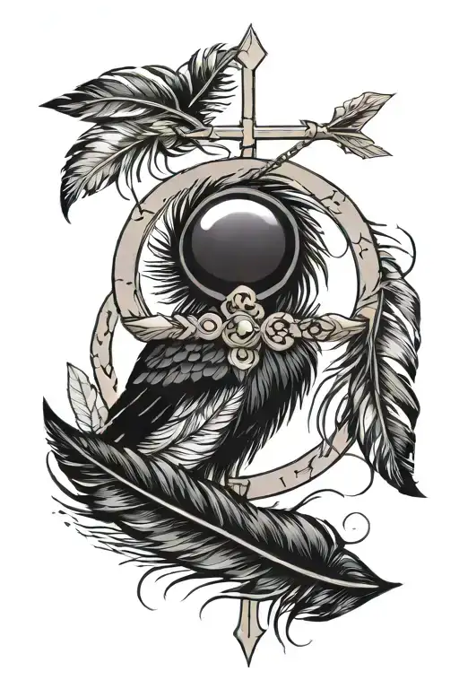 an arrow decorated with infinity symbol a semicolon Tahitian black pearls and Crow feathers tattoo design idea