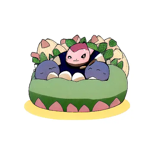 Snorlax sitting on a mountain of conchas eating a pink concha tattoo design idea
