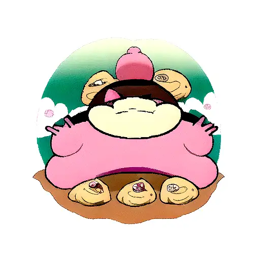 A pink cartoon Snorlax sitting on a mountain of conchas eating a pink concha tattoo design idea