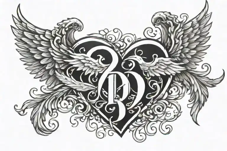 Heart from letter "A" and "B" with Angel wings. feathers od wings are made of Infinity sign tattoo design idea