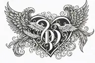 Heart from letter "A" and "B" with Angel wings. feathers od wings are made of Infinity sign tattoo design idea