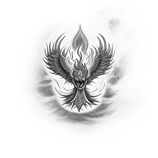 A black-grey tattoo of a phoenix rising from the flames, with Shiva's trishul incorporated tattoo design idea