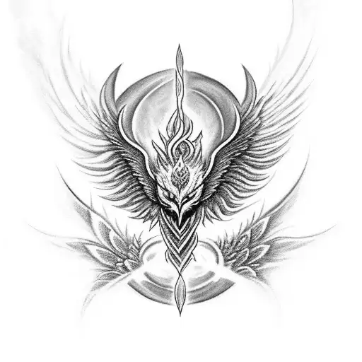 A black-grey tattoo of a phoenix rising from the flames, with Shiva's trishul incorporated tattoo design idea
