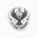 A black-grey tattoo of a phoenix rising from the flames, with Shiva's trishul incorporated tattoo design idea