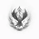 A black-grey tattoo of a phoenix rising from the flames, with Shiva's trishul incorporated tattoo design idea