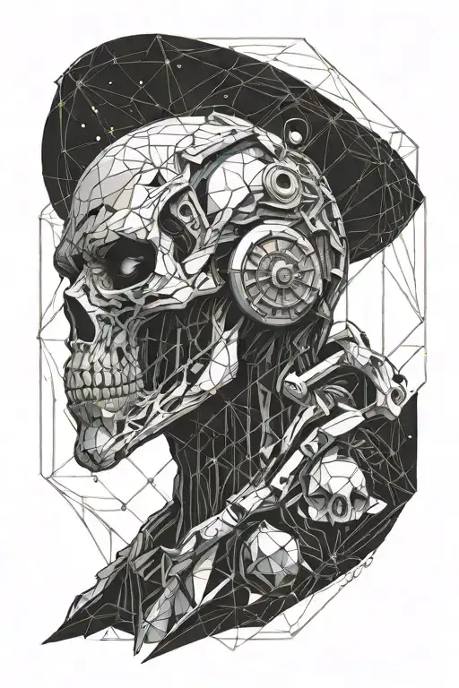 full sleeve, angular style, alien skull and astronaut tattoo design idea
