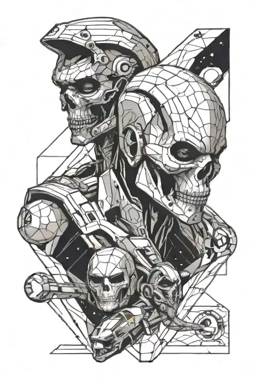 full sleeve, angular style, star trek  alien skull and astronaut tattoo design idea