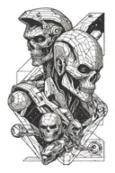 full sleeve, angular style, star trek  alien skull and astronaut tattoo design idea