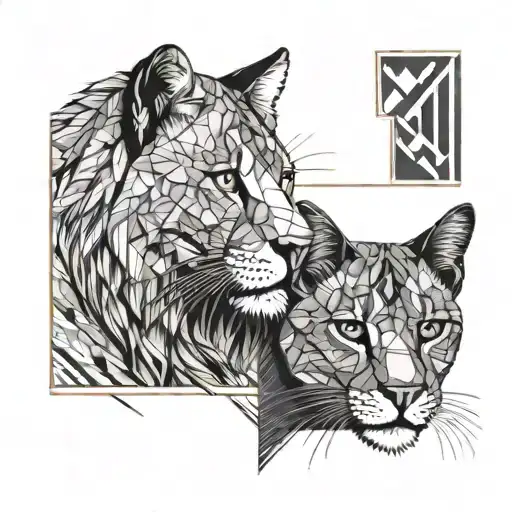 A fine line tattoo of half a lion face and half face of a tuxedo cat on two sides of a vertical line. Image in black and tattoo design idea