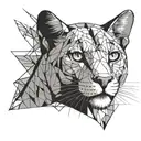 A fine line tattoo of half a lion face and half face of a tuxedo cat on two sides of a vertical line. Image in black and tattoo design idea