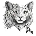 A fine line tattoo of half a lion face and half face of a tuxedo cat on two sides of a vertical line. Image in black and tattoo design idea