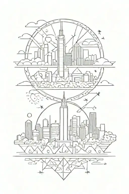 A tattoo of the Austin skyline with geometric patterns and Arabic motifs tattoo design idea