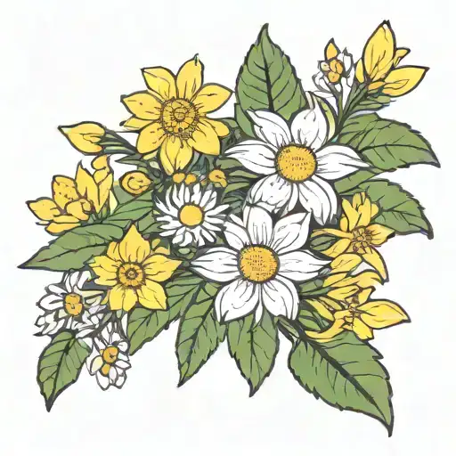 minimalist flower bouquet with aster, narcissus, jonquil, and daisy  tattoo design idea