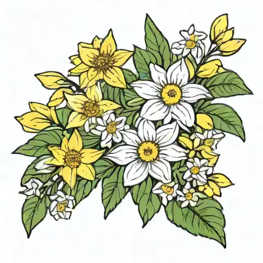 minimalist birth flower family bouquet aster, narcissus, jonquil, and daisy  tattoo design idea