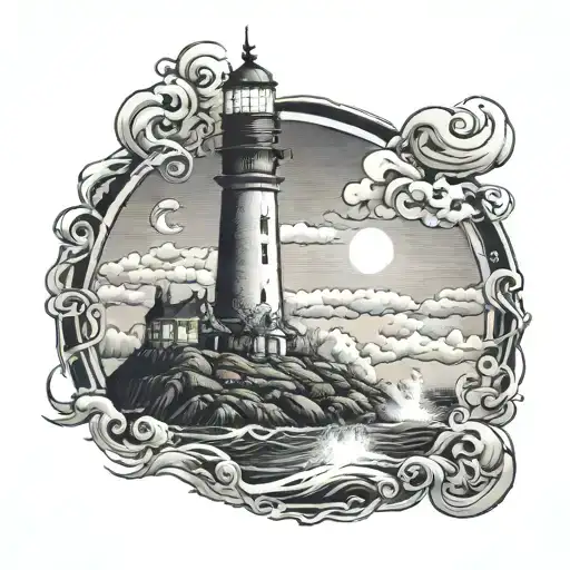 An intricate tattoo design of a lighthouse shining its light over the ocean waves, with a subtle faith symbol integrated into the artwork tattoo design idea