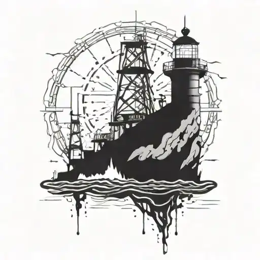 A unique tattoo design combining an oil rig with a lighthouse, symbolizing strength and guidance in challenging situations tattoo design idea