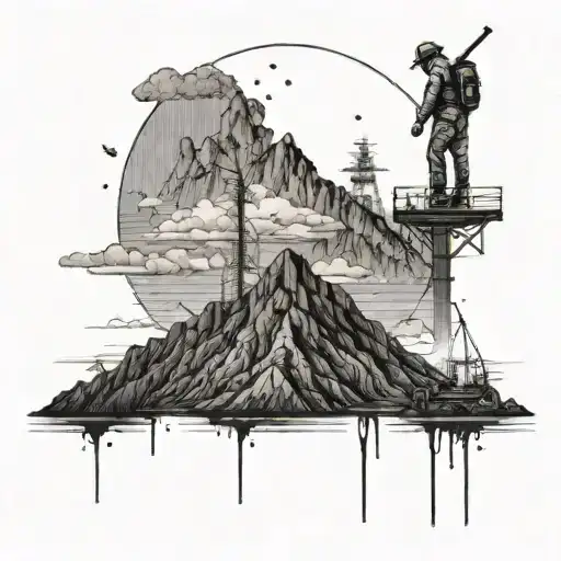 An oilfield worker standing on a mountain peak overlooking the ocean, representing the balance between work and nature tattoo design idea