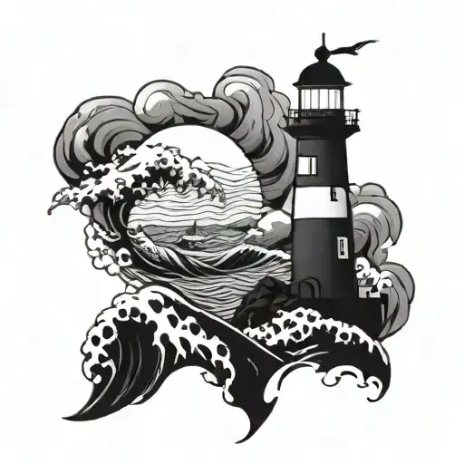 A lighthouse surrounded by crashing waves symbolizing faith and guidance in turbulent times tattoo design idea