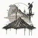 An oilfield worker standing on a mountain peak overlooking the ocean, representing the balance between work and nature tattoo design idea