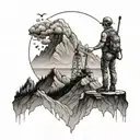 An oilfield worker standing on a mountain peak overlooking the ocean, representing the balance between work and nature tattoo design idea