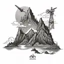An oilfield worker standing on a mountain peak overlooking the ocean, representing the balance between work and nature tattoo design idea