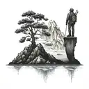 An oilfield worker standing on a mountain peak overlooking the ocean, representing the balance between work and nature tattoo design idea