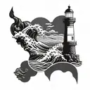 A lighthouse surrounded by crashing waves symbolizing faith and guidance in turbulent times tattoo design idea