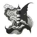 A lighthouse surrounded by crashing waves symbolizing faith and guidance in turbulent times tattoo design idea