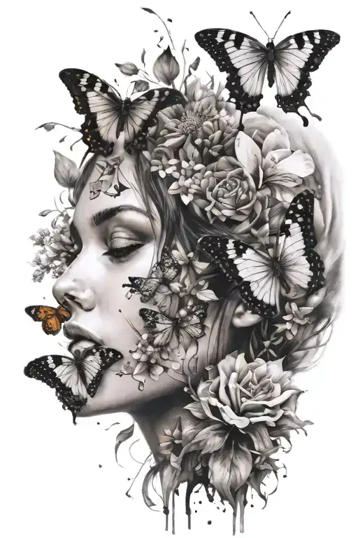 woman's face half of face is scattered butterfly's surrounded by flowers  tattoo design idea
