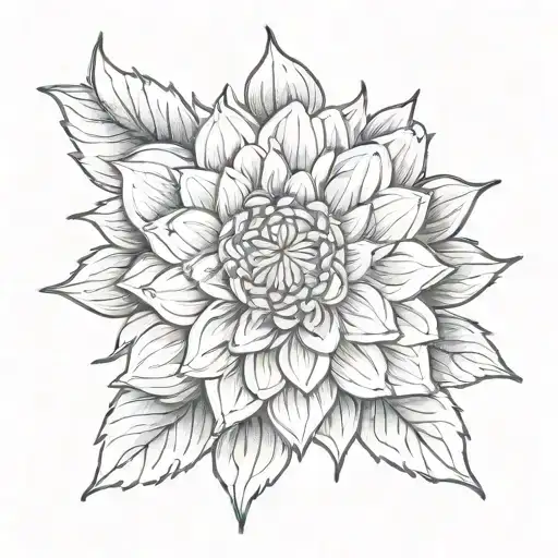 Dahlia flower tattoo in black and white, above the elbow. The half dahlia flower looks like a sun setting in the sea. tattoo design idea