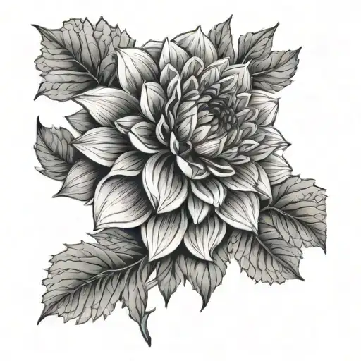 Dahlia flower tattoo in black and white, above the elbow. The half dahlia flower looks like a sun setting in the sea. tattoo design idea