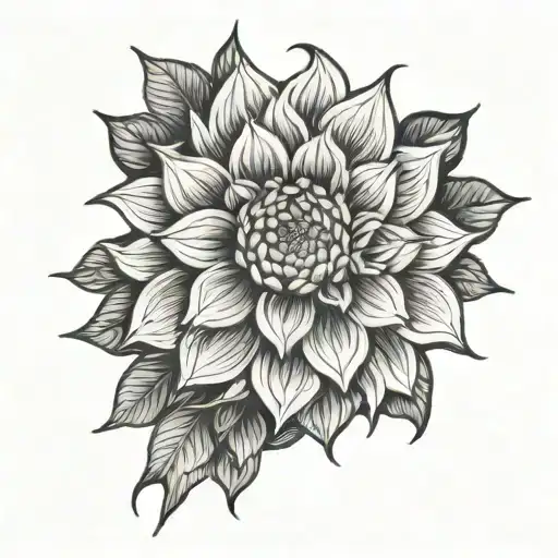 Dahlia flower tattoo in black and white, above the elbow. The half dahlia flower looks like a sun setting in the sea. tattoo design idea
