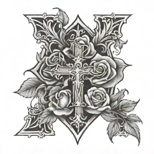 cross with fire and roses  tattoo design idea