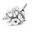 chef knife with flowers tattoo design idea