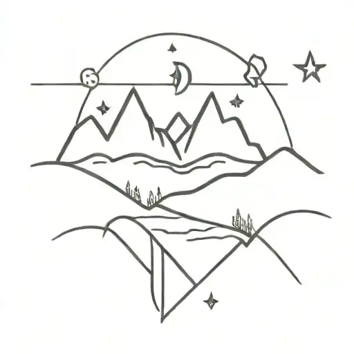 mountains, stars, night, river flowing tattoo design idea