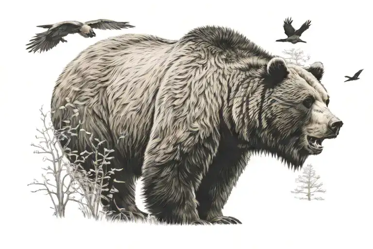walking grizzly bear with large hump, head turned to look to the right, slight forest background, a few flying birds tattoo design idea