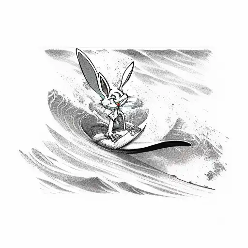 A sketch-style tattoo of Bugs Bunny surfing a wave with a serene ocean backdrop tattoo design idea