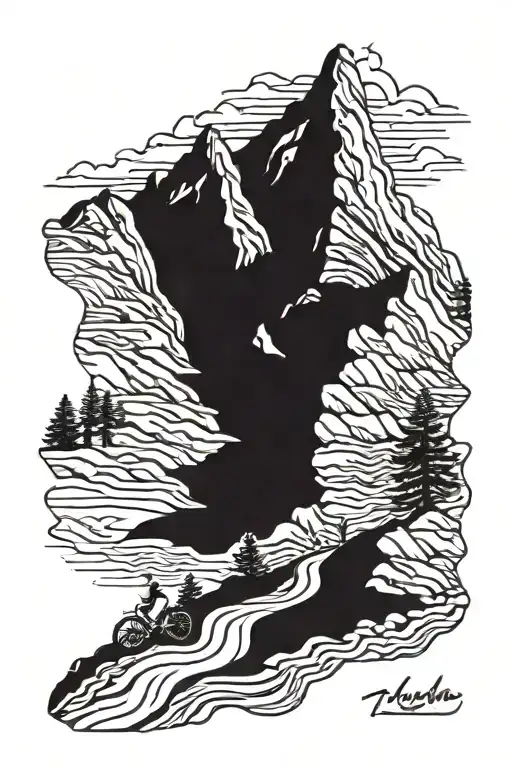A majestic mountain range with a winding bike trail running through it tattoo design idea
