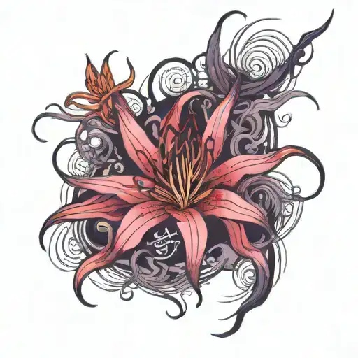 spider lily red and purple with the date clan mon  tattoo design idea