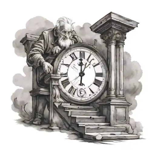 an old man goes up the stairs to heaven, next to it is a broken clock tattoo design idea